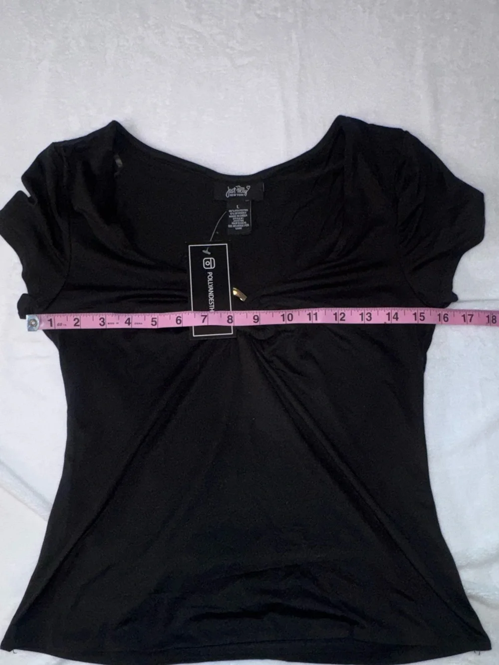 Just Polly Black Ruched Ring Front Stretch Top NWT Large - Picture 7 of 10